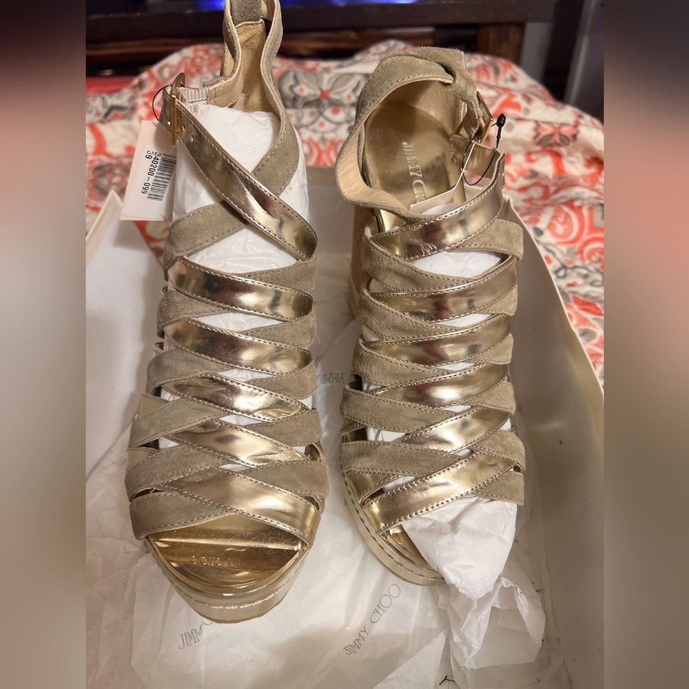 JIMMY CHOO PIA METALLIC GOLD CORK WEDGE SANDALS SIZE 39 ( 8.5)